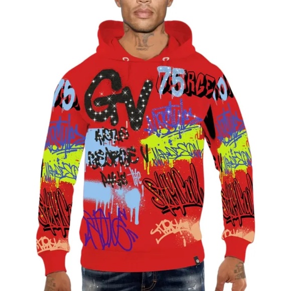 Avenue George V Paris Men's Red Hoodie Graffiti Sweatshirt Rhinestone GV-2609 M